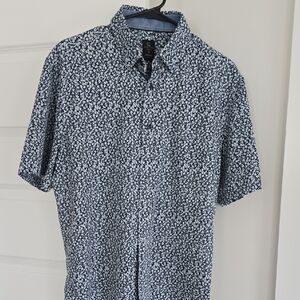 Mango Navy and White Short-Sleeve Floral Button-Down Shirt